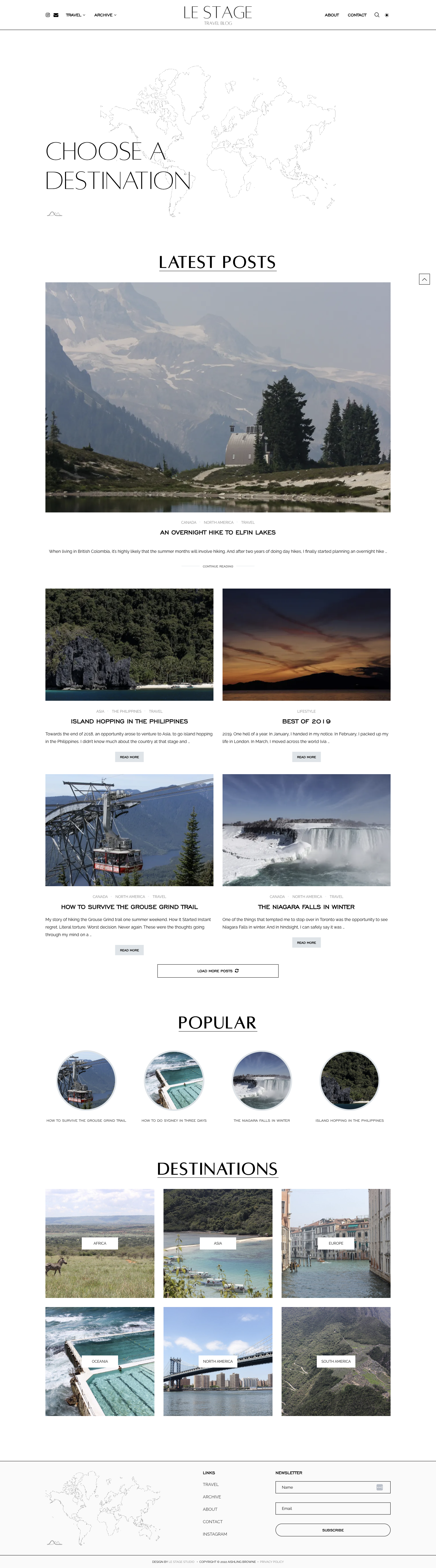 Full size screenshot of travel blog website